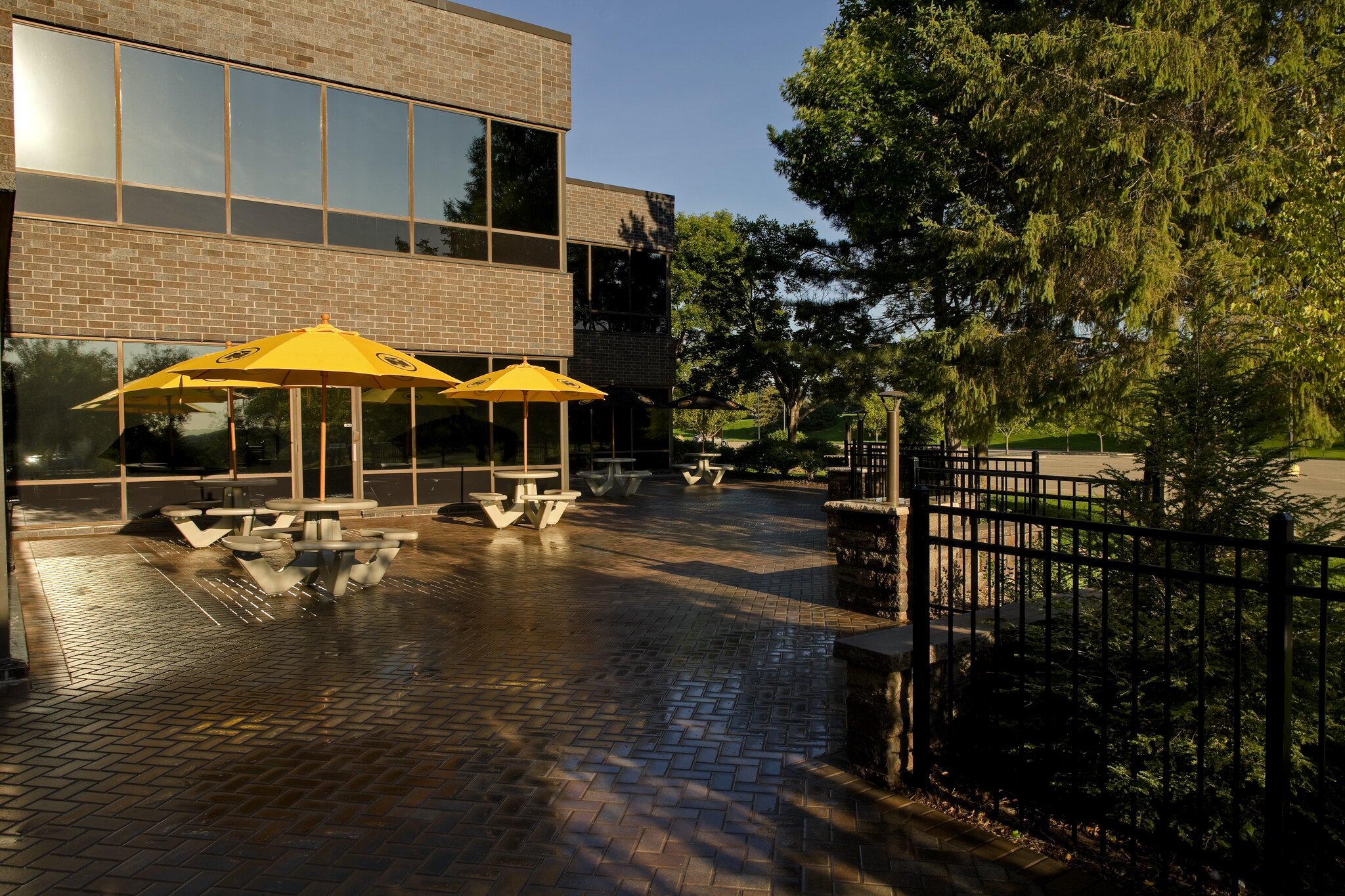 Sunny outdoor patio with yellow umbrellas and tables.