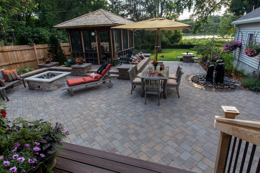 Backyard patio with fire pit and seating area.