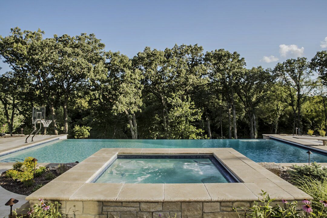 Infinity pool with hot tub and trees view