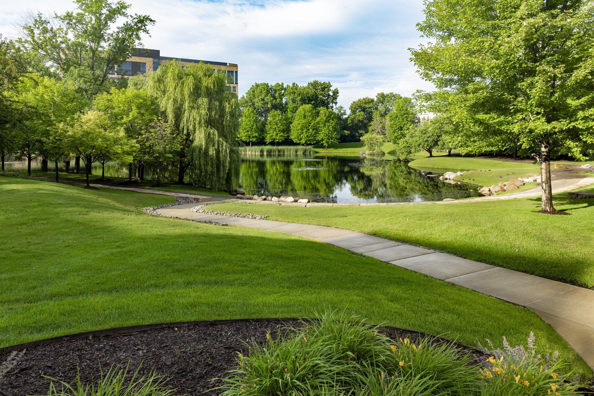 Serene park landscape with pond, trees, and paths.