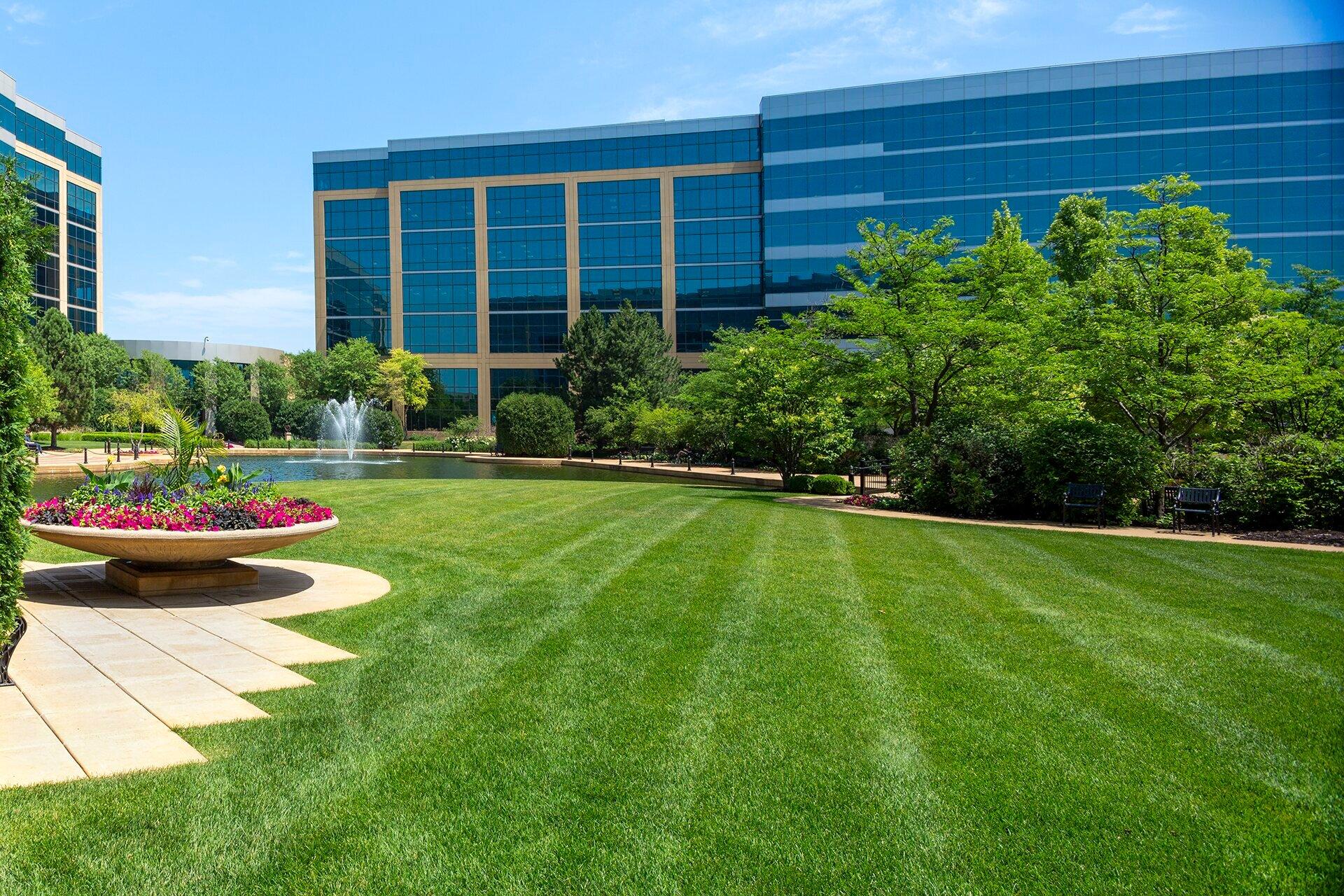 Corporate office with landscaped garden and fountain