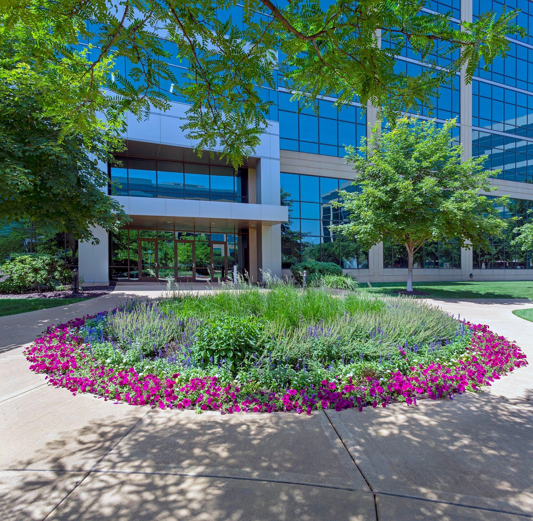 Modern office building with landscaped garden.