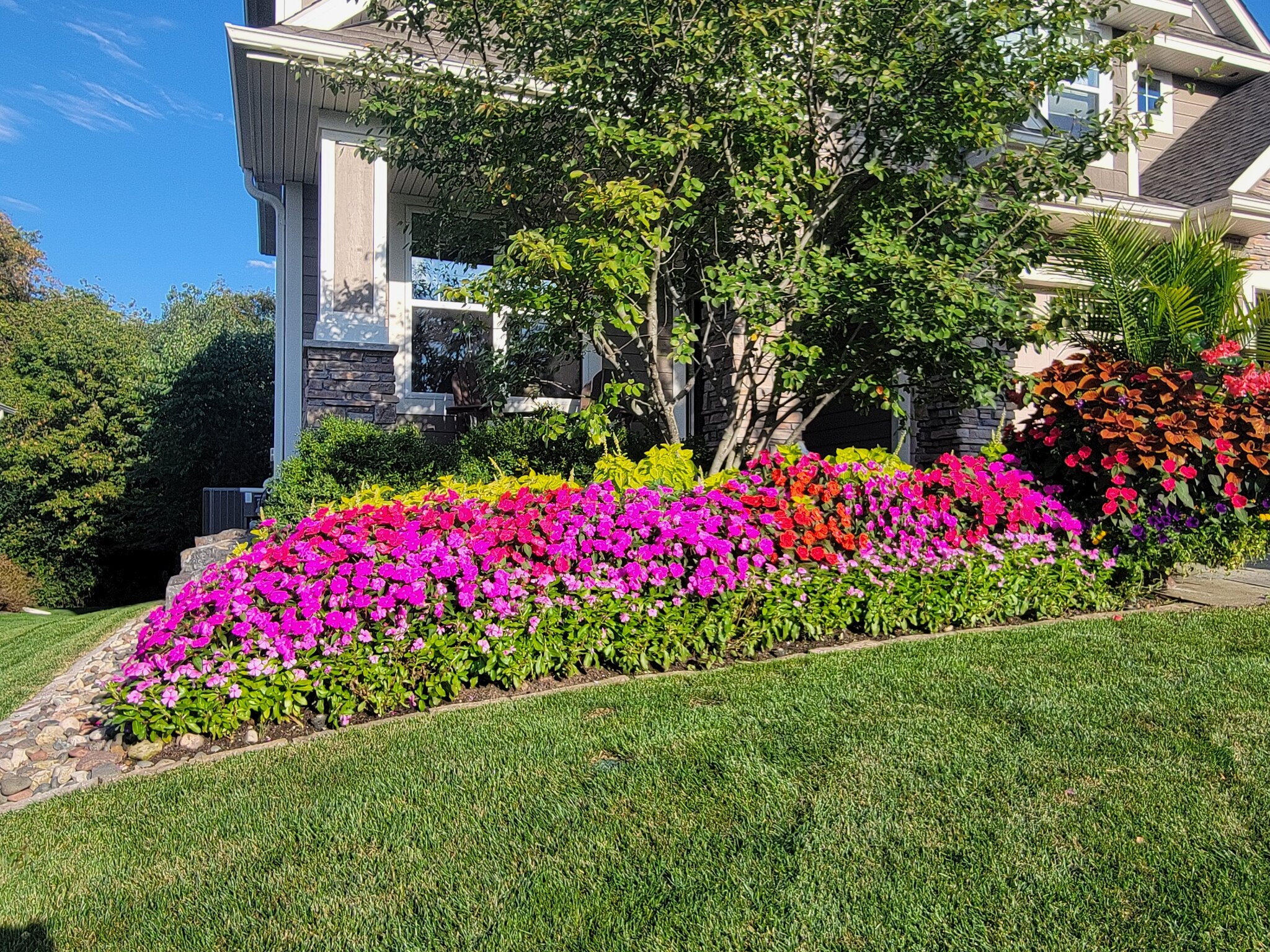 Colorful flower garden in front of a house.