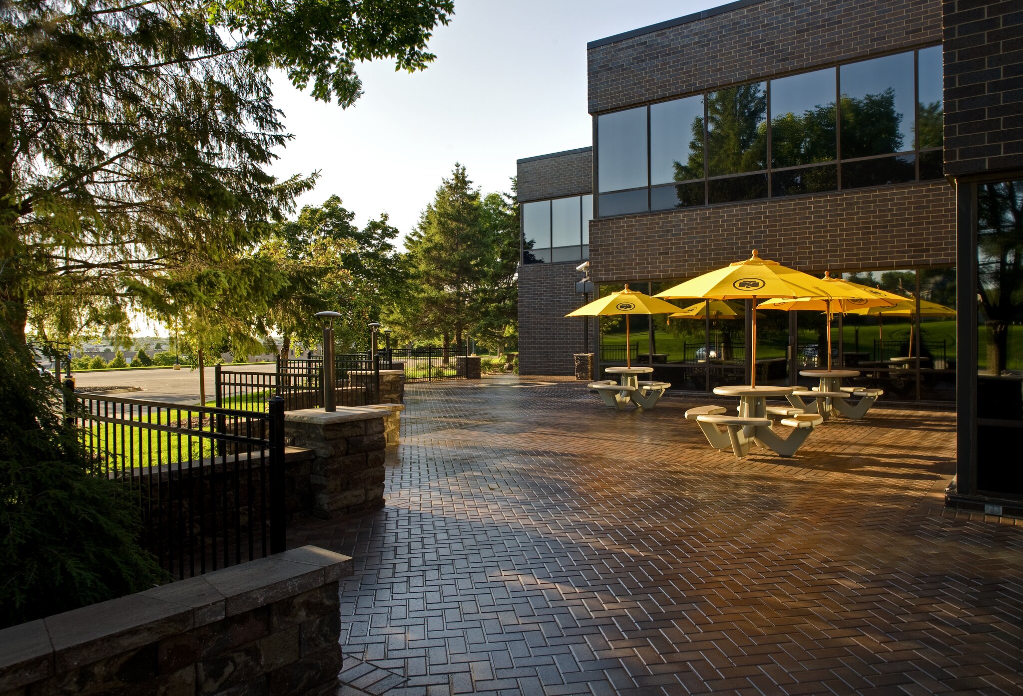 Outdoor patio with tables and yellow umbrellas