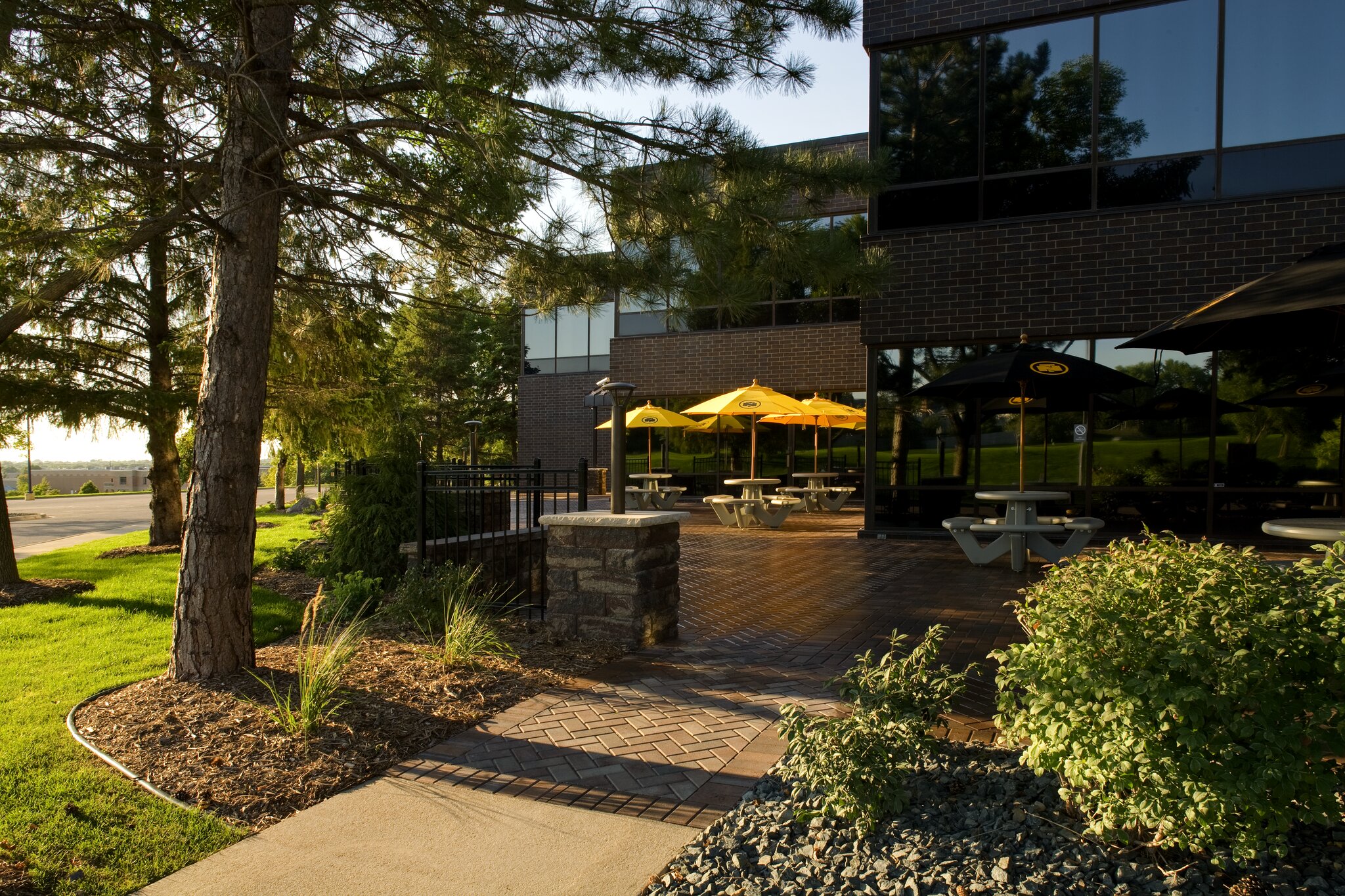 Outdoor patio with tables and yellow umbrellas.