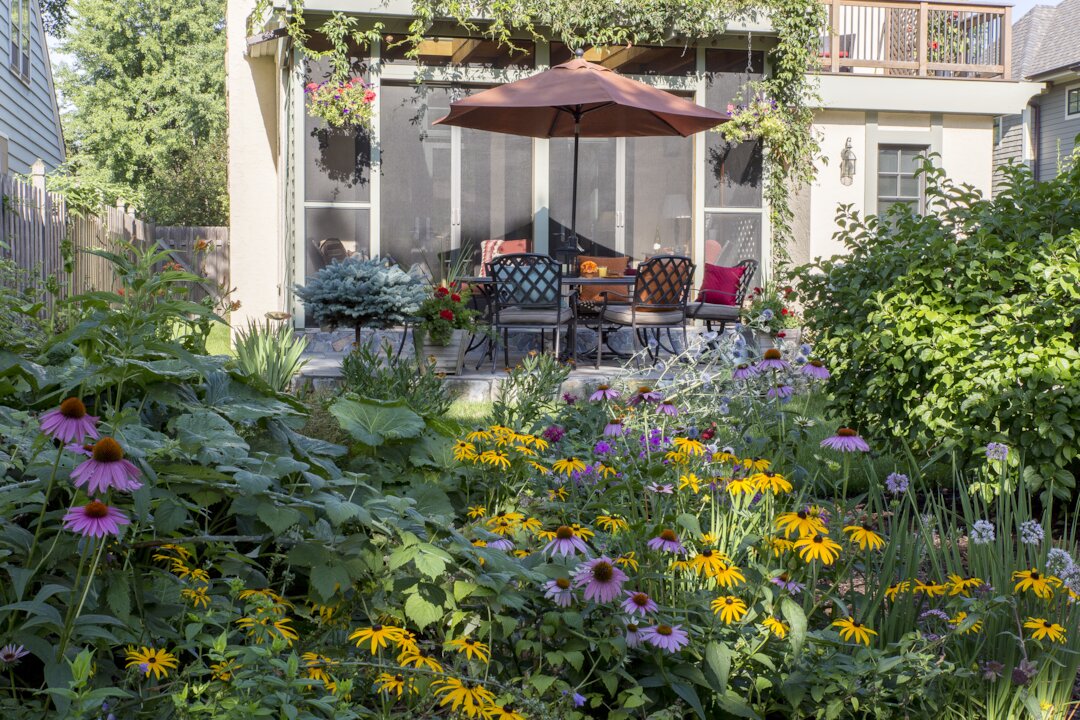 Backyard patio with colorful garden flowers