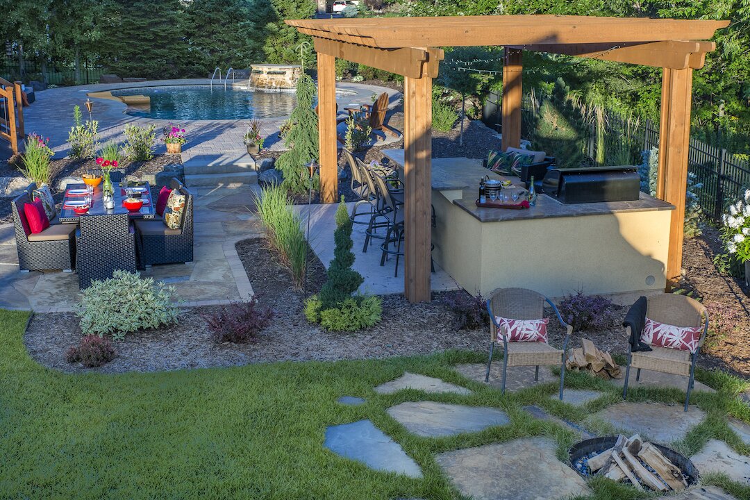 Backyard patio with pool and outdoor kitchen area.