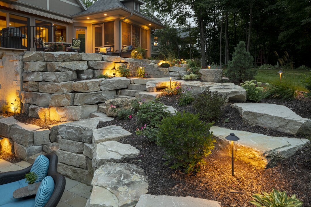 Beautifully lit stone garden at dusk