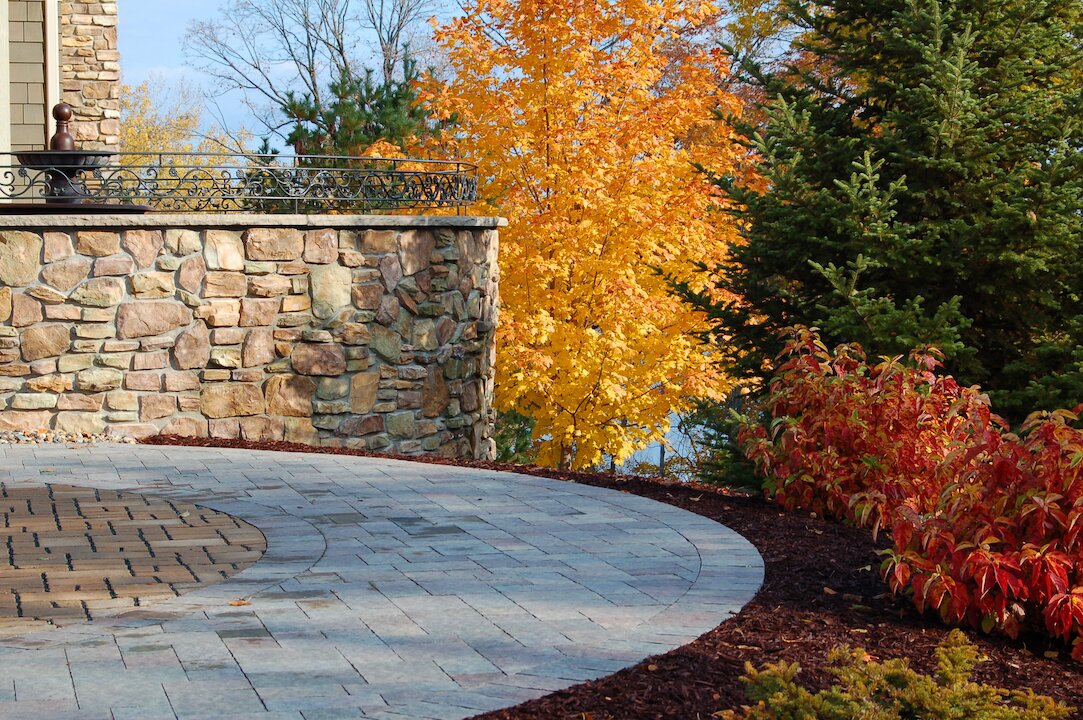 Stone patio with autumn foliage and trees.