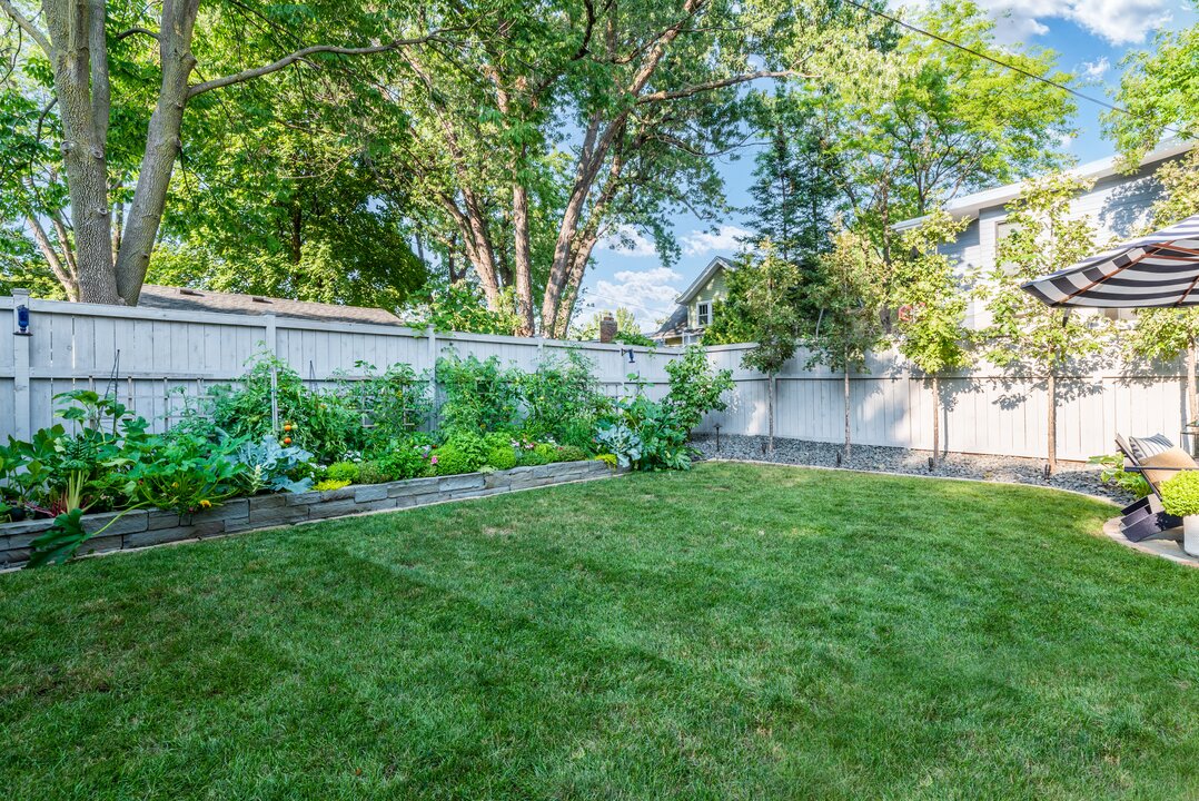Backyard garden with lush plants and green grass.