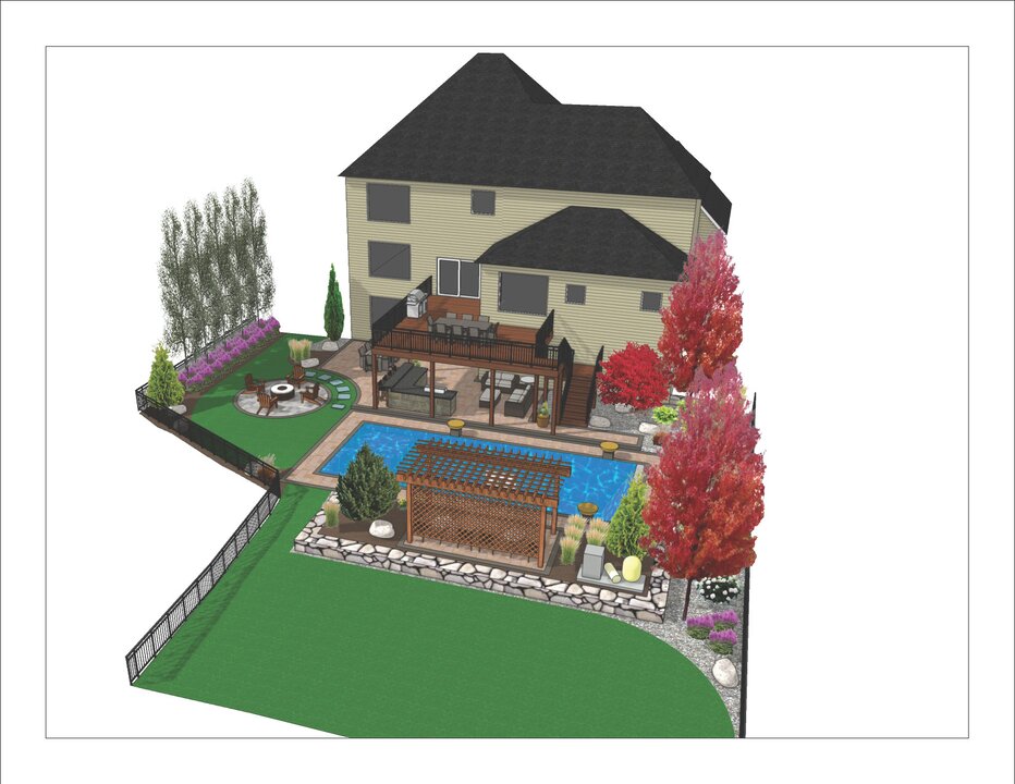 3D backyard design with pool and seating area.