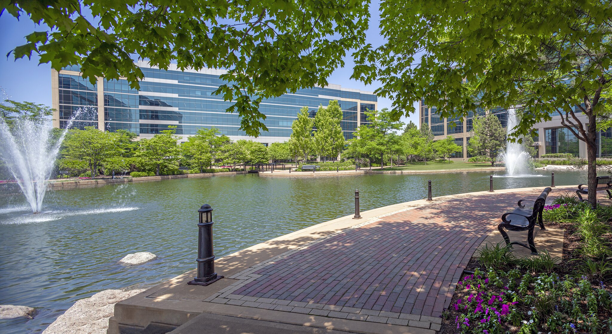 Modern office buildings by a scenic water fountain park.