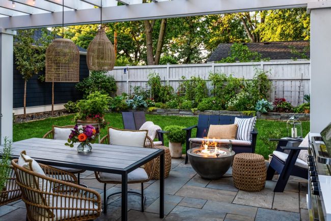 Cozy backyard patio with fire pit and seating.