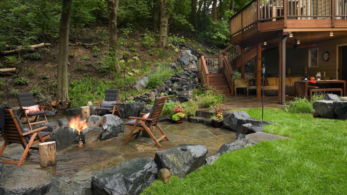 Backyard patio with fire pit and seating area.
