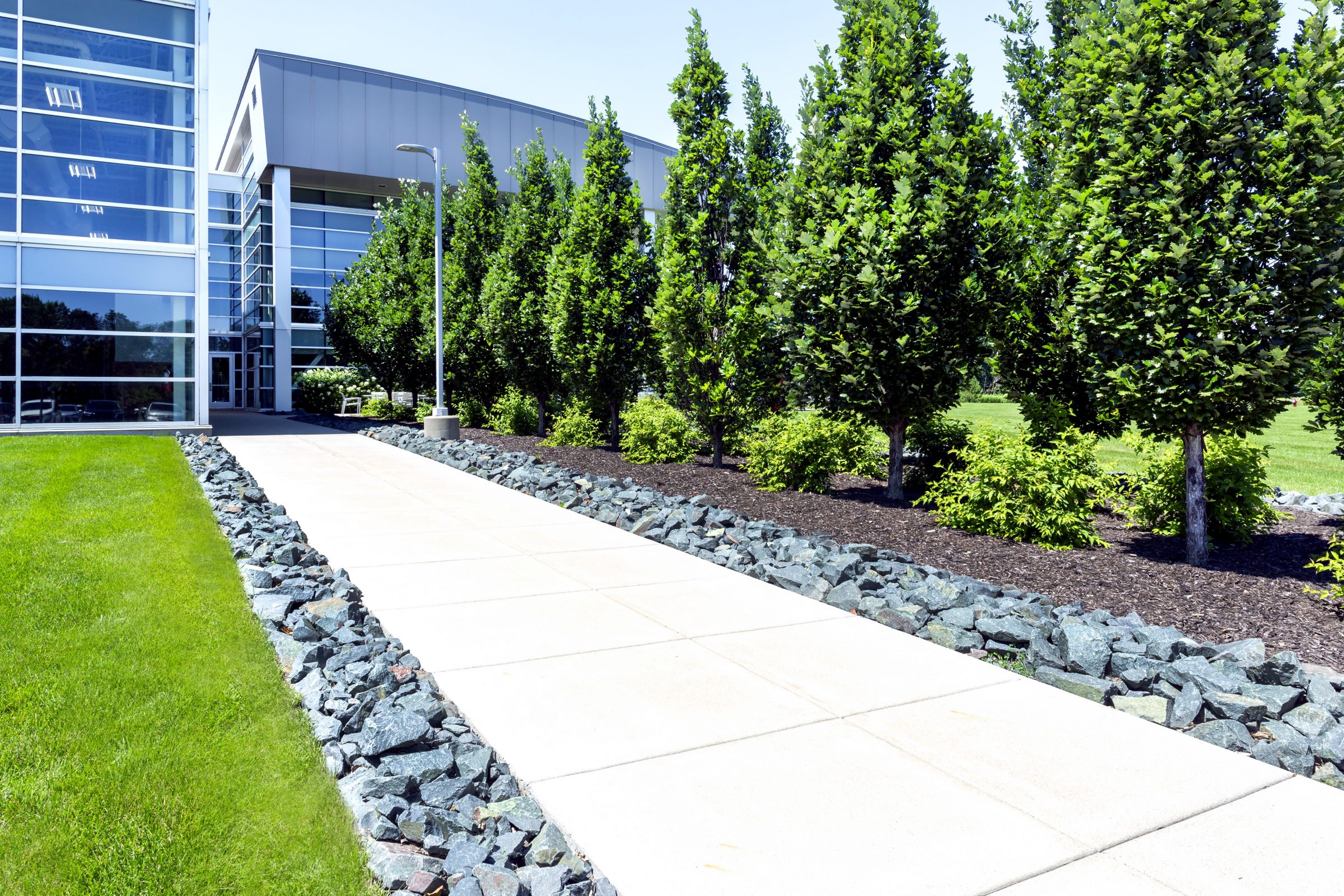 Modern building with landscaped walkway and greenery.