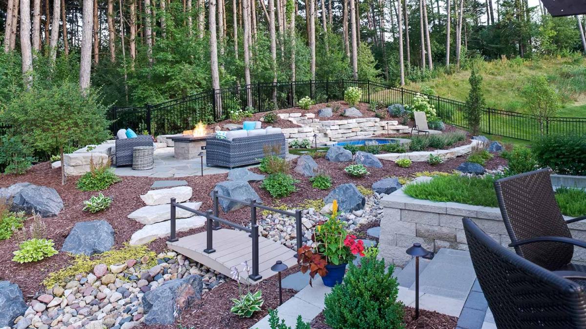 Backyard with seating, fire pit, and garden landscaping.