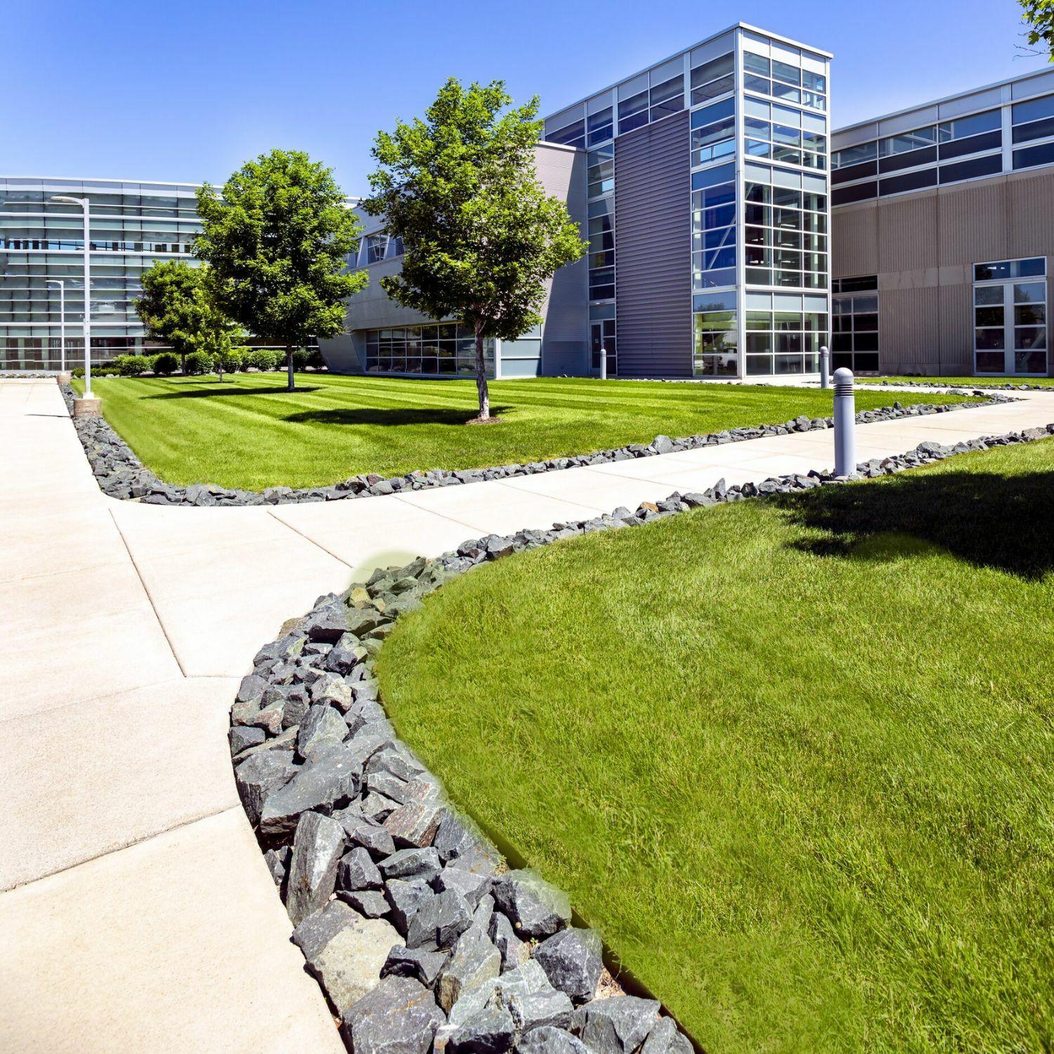 Modern building with green lawn and walkway.