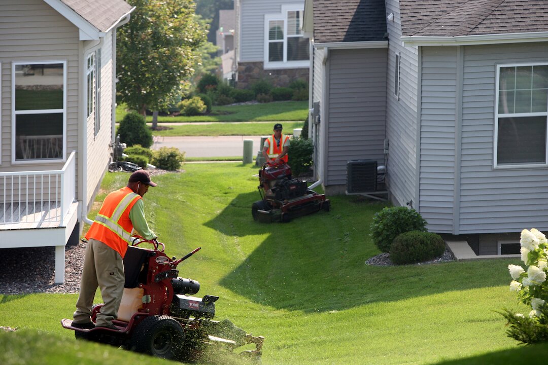 Workers mowing grass between houses