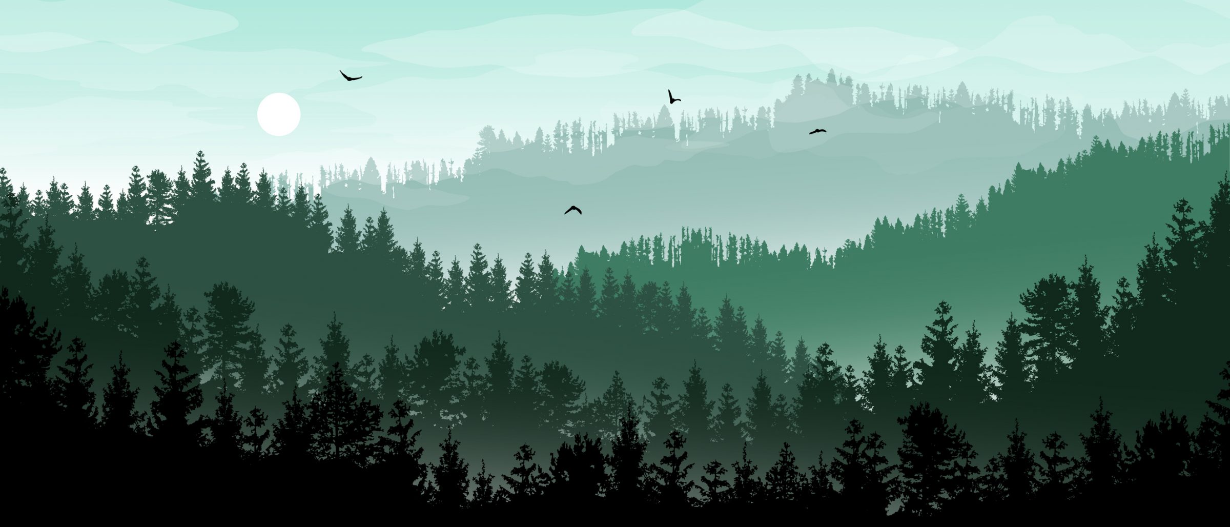 Scenic forest landscape with birds and mountains