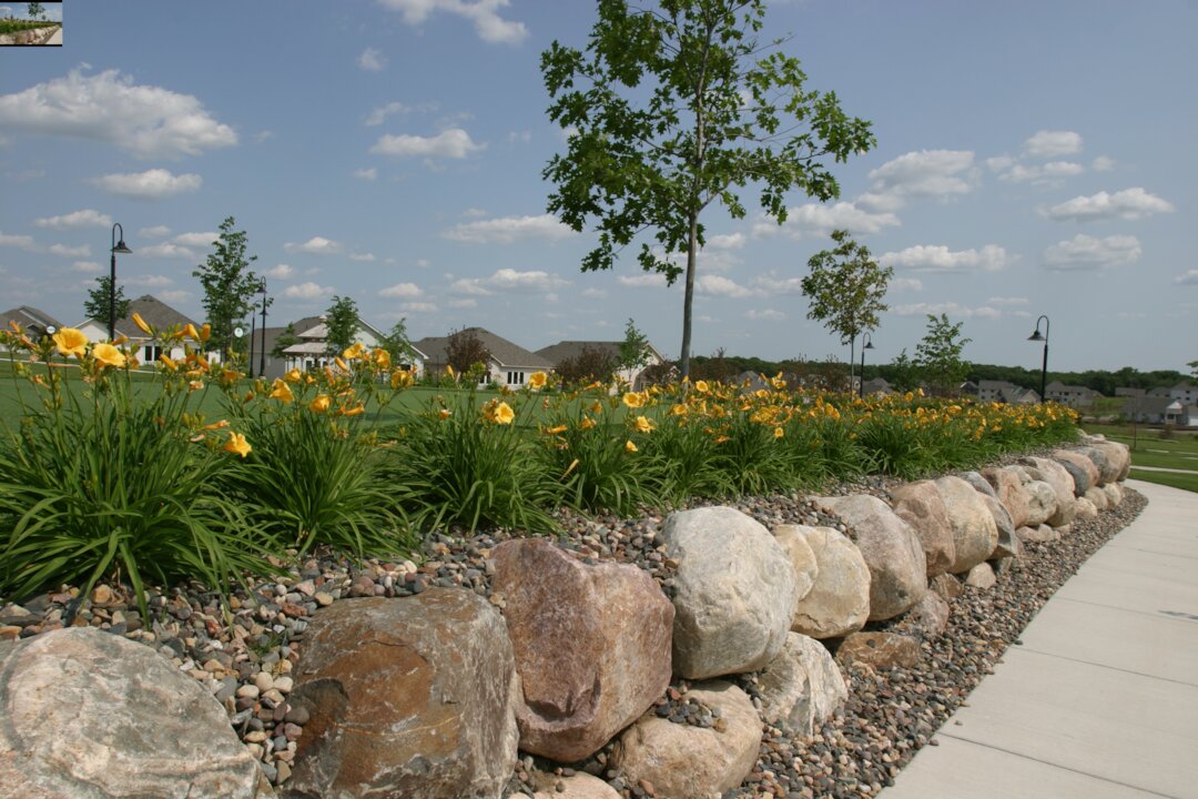 Flower garden and boulders under blue sky