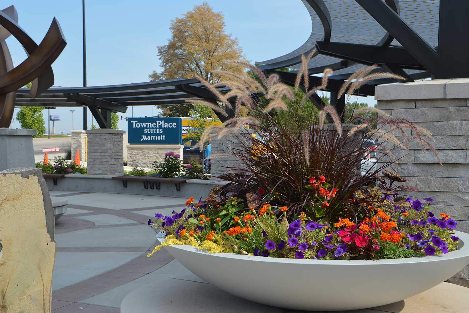 Colorful flower arrangement outside TownePlace Suites.
