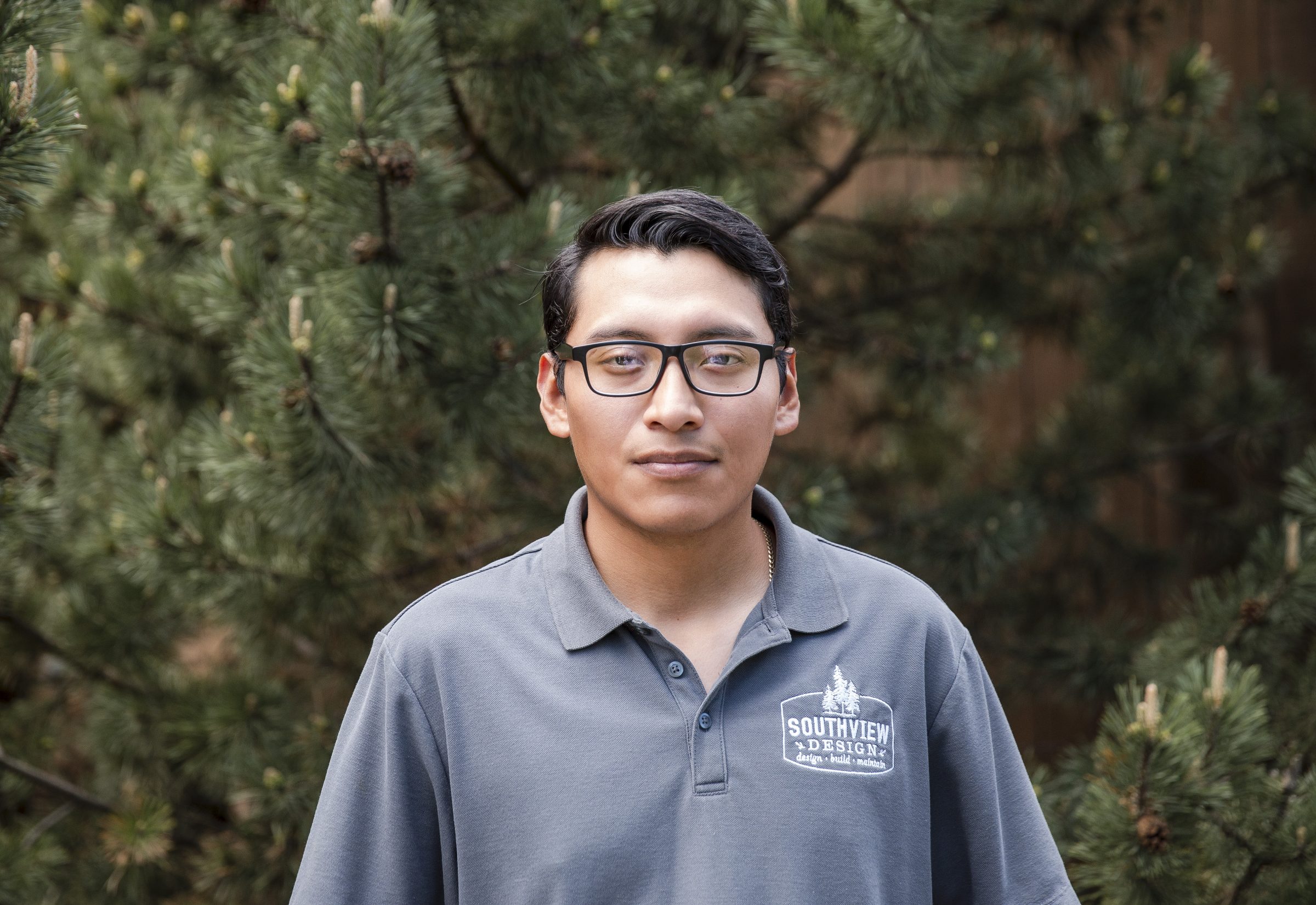 Person wearing gray polo shirt outdoors, pine trees background.