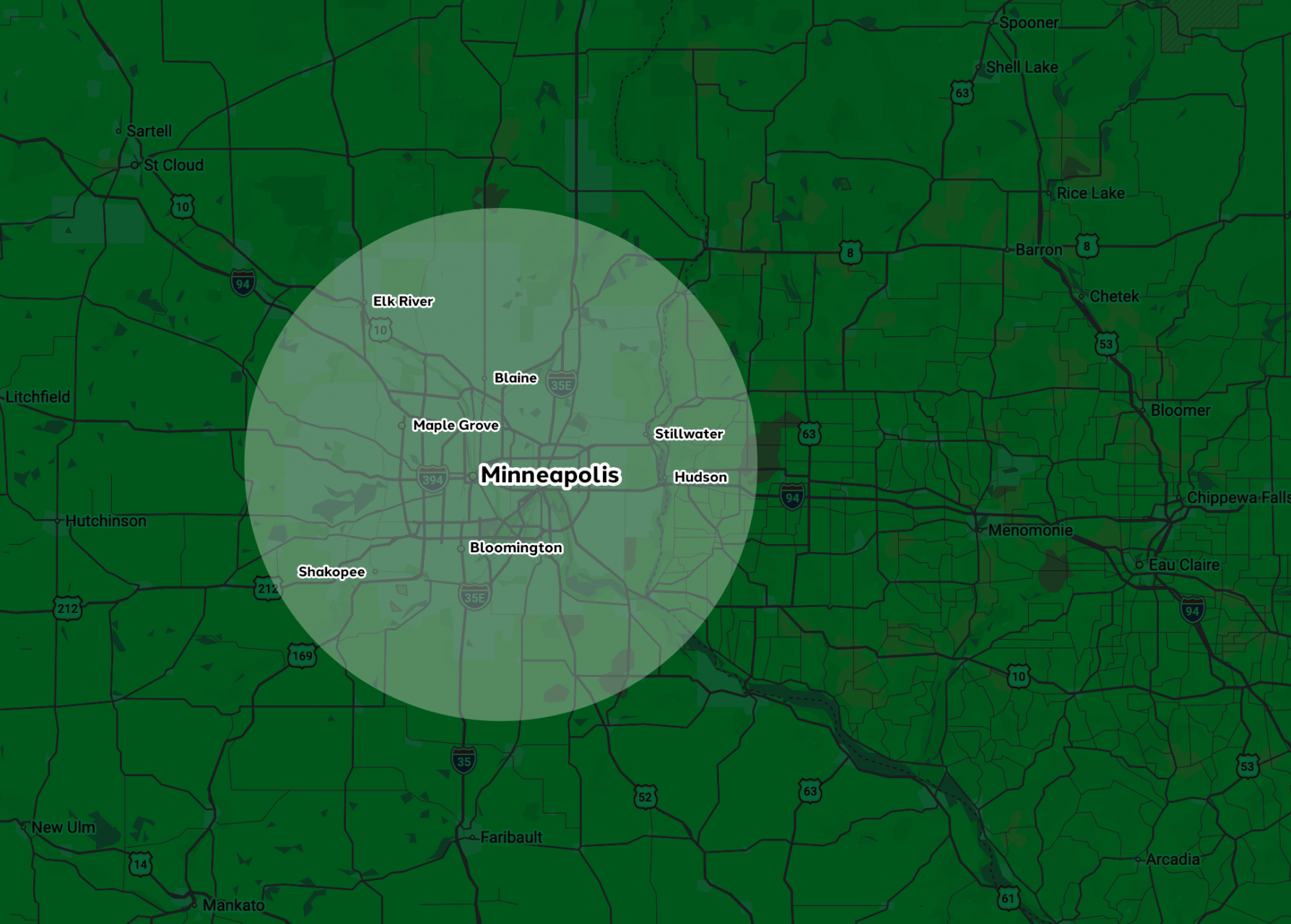 Map of Minneapolis and surrounding area highlights.