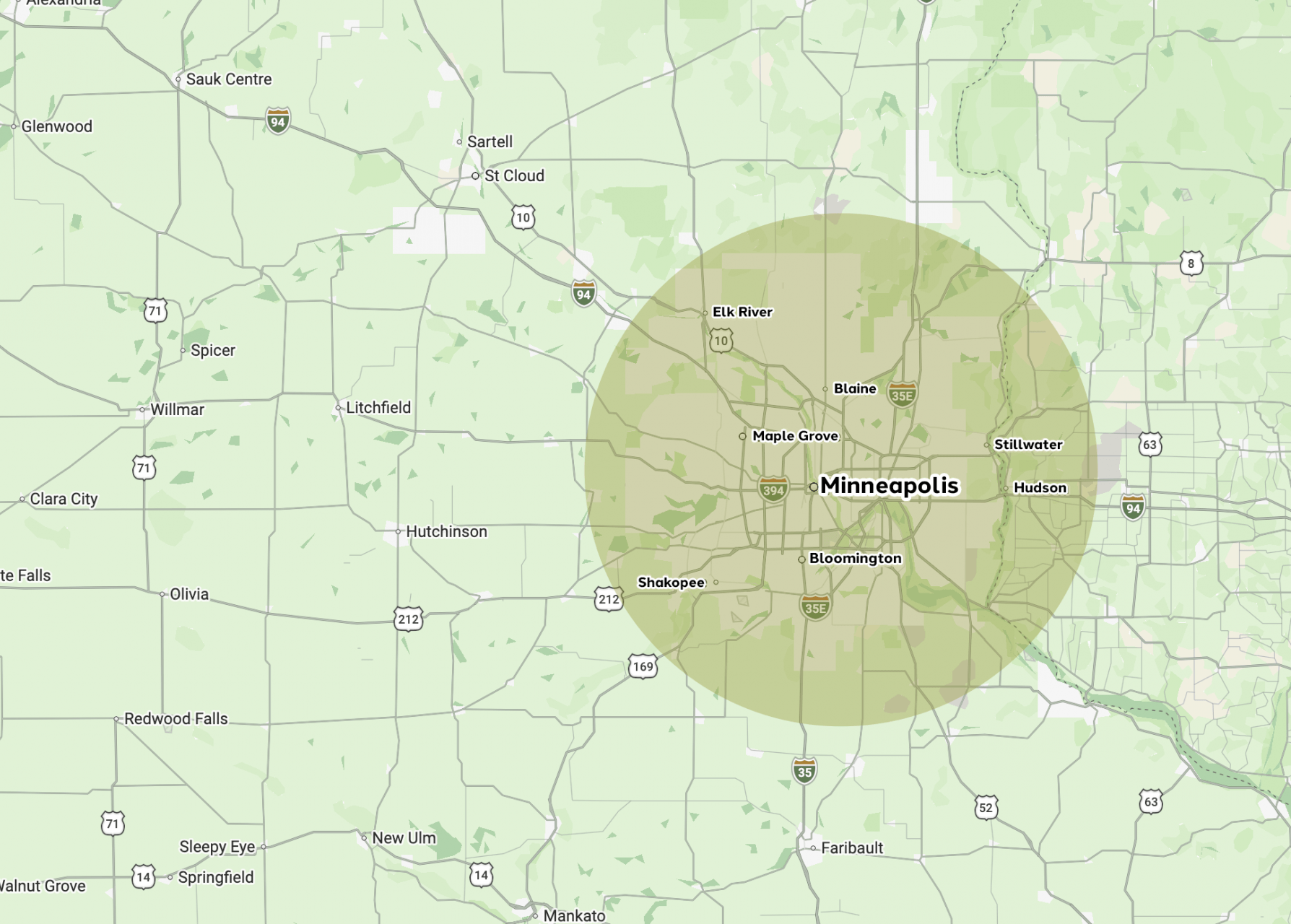 Map showing Minneapolis and surrounding areas.
