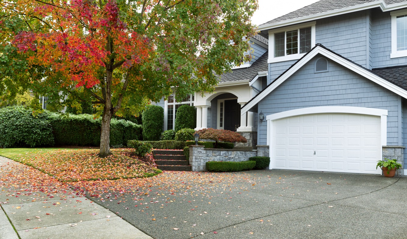 Suburban house with autumn tree and fallen leaves.