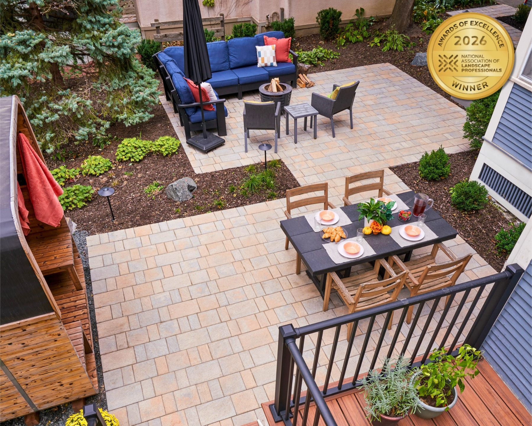 Award-winning backyard patio with dining and seating areas.