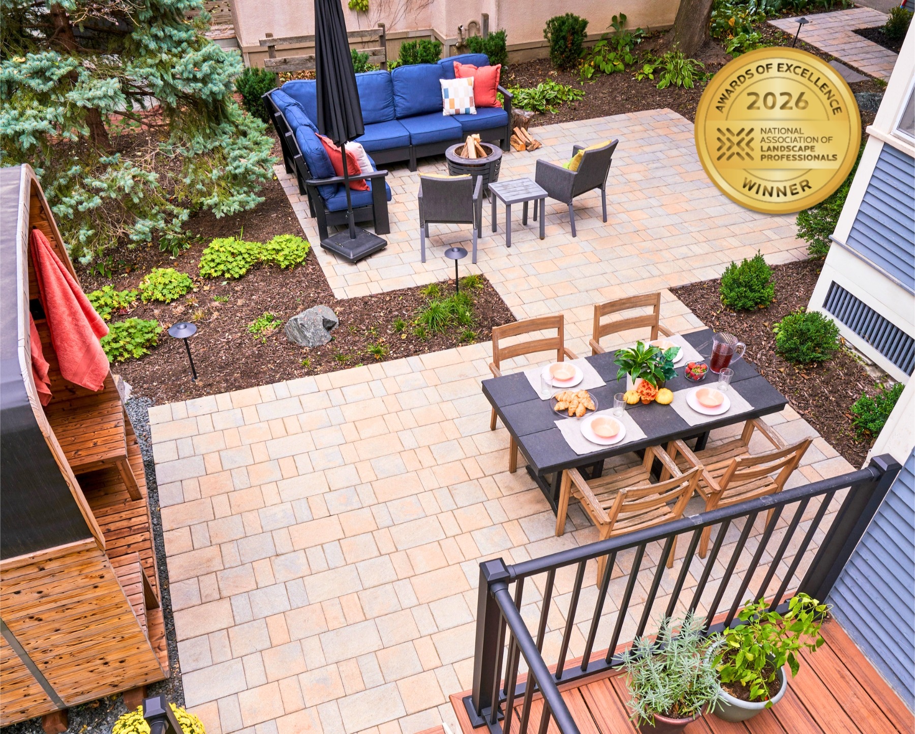 Award-winning outdoor patio with dining and lounge areas.